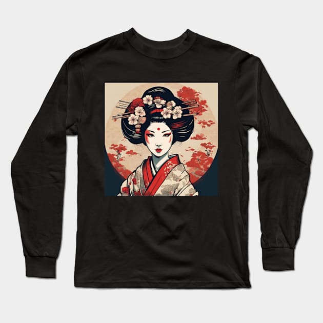 japanese style art geisha Long Sleeve T-Shirt by cloudviewv2